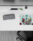 Neon teal cyber glow anime girl mouse pad 14x10 inches, crisp white background with ruby, aqua, blonde hair.