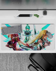 32x16 inches anime girl mouse pad with cyber glow colors: ruby, aqua, honey blonde, bright teal accents.