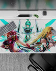 Cyber glow anime girl desk pad in ruby, aqua, and honey blonde on crisp white, 40x20 inches.
