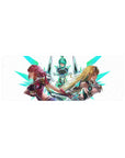 32x12 inches anime girl mouse pad with three sci‑fi heroines, glossy armor, neon teal shards on white.