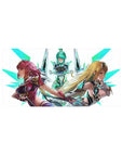 32x16 inches anime girl mouse pad with three sci-fi heroines, glossy armor, neon teal shards on white.