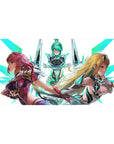 Sci-fi anime heroine trio desk pad with glossy armor and neon teal shards, 40x20 inches.