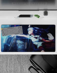 Stormy neon anime girl mouse pad 32x16 inches in deep navy, icy cyan lightning, and glossy rain.
