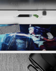 36x16 inches anime desk pad in deep navy, icy cyan sparks, glossy rain, midnight neon mood.