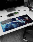 Blue-haired anime schoolgirl lunging with electrified fingers on a 36x16 inches desk pad.