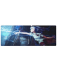 32x12 inches anime girl mouse pad with blue-haired schoolgirl and electric lightning in neon rain.