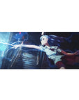 Anime girl desk pad 36x16 inches with blue-haired schoolgirl and lightning, neon rainstorm artwork.