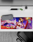 32x12 inches anime desk mat in red, white, gold, and starry purple, cozy lantern-lit festival vibe.