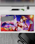 Anime girl mouse pad 32x16 inches in red, white, and gold with cozy lantern glow and starry purple sky.