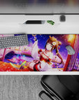 36x16 inches anime desk pad in red, white, and gold with cozy lantern glow and starry purple night.
