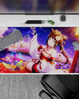 40x20 inches anime desk pad in red, white, and gold with cozy lantern glow under a starry purple sky.