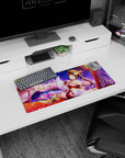28x12 inches mouse pad showing a shrine maiden by a glowing lake under stars, petals and butterflies.