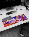 32x12 inches mouse pad featuring a shrine maiden anime girl by a glowing lake with lanterns and butterflies.