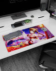 Anime girl mouse pad 32x16 inches featuring a shrine princess by a lantern-lit lake with drifting butterflies.