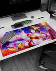 40x20 inches anime girl desk pad showing a shrine maiden by a glowing lake with petals and butterflies.