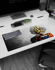 Modern 32x16 inches mouse pad with Goku’s Super Saiyan silhouette, blending minimalism and powerful energy for a dynamic desk setup.
