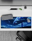 32x12 inches anime mouse pad in deep navy, neon blue and pink comet trails, calm electric vibe.
