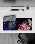 28x12 inches anime desk mouse pad in neon blue and hot magenta, bittersweet mood with sparks and butterfly shards.