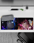 32x12 inches extended mouse pad in neon blue and hot magenta, bittersweet anime mood with glowing highlights.