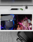 32x16 inches anime mouse pad in neon blues and hot magentas, bittersweet mood with glowing tears.