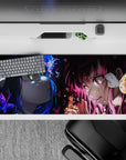 Neon blue and hot magenta anime girl desk pad 36x16 inches, bittersweet stare with sparks and glow.
