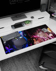 Two anime girls facing off on desk pad 36x16 inches, tearful eyes locked with butterfly-like shards between.