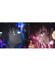 Anime girl desk pad 36x16 inches with dramatic neon duel art, glossy tears, shards, and dark vignette.