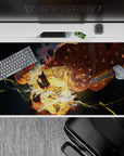 Zenitsu Agatsuma Demon Slayer desk pad 40x20 inches with yellow lightning bolts and dramatic color contrasts.