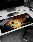 Zenitsu Agatsuma from Demon Slayer anime desk pad, 40x20 inches, featuring yellow lightning bolts and dramatic colors.