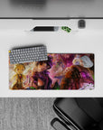 28x12 inches anime mouse pad in sunset gold and violet mist, cozy adventure vibe, vivid critters.