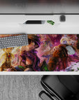 Cozy sunset-gold to violet mist anime desk pad 36x16 inches, vivid print with playful critters.