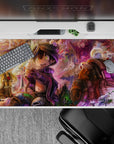 Warm sunset gold to violet mist anime desk pad 40x20 inches, cozy adventure vibe with playful critters.