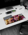 28x12 inches anime mouse pad of wide-eyed explorer holding tiny creature as blonde partner watches.