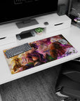 32x16 inches anime mouse pad showing a wide-eyed explorer holding a tiny creature as partner looks on.