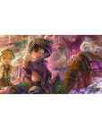Anime desk pad 40x20 inches with cave explorers, tiny critter treasure, ruins, spores, and gear details.