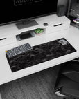 Topo-inspired mouse pad, 32x12 inches, showcasing contour lines in a sleek monochrome design for minimalist desk setups.