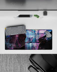 28x12 inches mouse pad in violet, cyan, and pink neon glow, dreamy rainy-night romance mood.