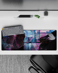 32x12 inches anime girl mouse pad in violet-cyan glow with pink rain reflections, moody late-night vibe.