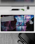 32x16 inches anime mouse pad in violet, cyan, and pink neon glow, moody late-night rain aesthetic.