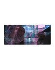 28x12 inches anime girl mouse pad with neon rainy city street art and clear umbrella, glossy reflections.