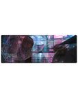 32x12 inches anime girl mouse pad with neon rainy city street art and clear umbrella, glossy reflections.