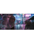 Anime girl desk pad 36x16 inches with neon rainy city street art and clear umbrella scene.