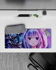 28x12 inches anime girl mouse pad in icy purple, neon pink glow, and moonlit blue winter mood.