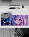 32x12 inches anime desk mat in icy purples, neon pink glow, and moonlit blues for a cozy night mood.