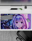 32x16 inches anime girl mouse pad in icy purples and moonlit blues with neon pink highlights, cozy night vibe.
