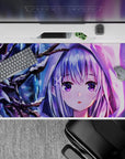 Winter neon anime desk pad 40x20 inches in icy purple, moonlit blue, and pink glow for cozy night vibes.