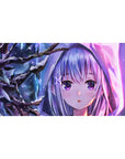 Anime girl desk pad 40x20 inches with starry-eyed Emilia, silver hair, snowy branches, dark forest art.