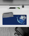 28x12 inches anime mouse pad in deep navy and cool blues, calm intense mood with misty pale hair.