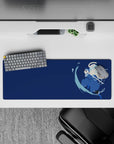 32x12 inches anime mouse pad in deep navy and cool blues, calm intense mood with crisp lines for steady aim.