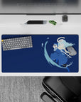 32x16 inches anime mouse pad in deep navy with cool blue accents, calm intense mood, minimalist lines.